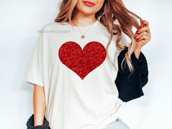 Red Glitter Heart T-Shirt Women, Womens Tshirts, Best Gifts For Wife, Womens Casual Clothes, Valentines Day Shirt, Love Shirt, Sparkle Tee