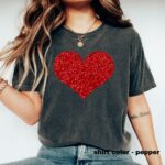 Red Glitter Heart T-Shirt Women, Womens Tshirts, Best Gifts For Wife, Womens Casual Clothes, Valentines Day Shirt, Love Shirt, Sparkle Tee