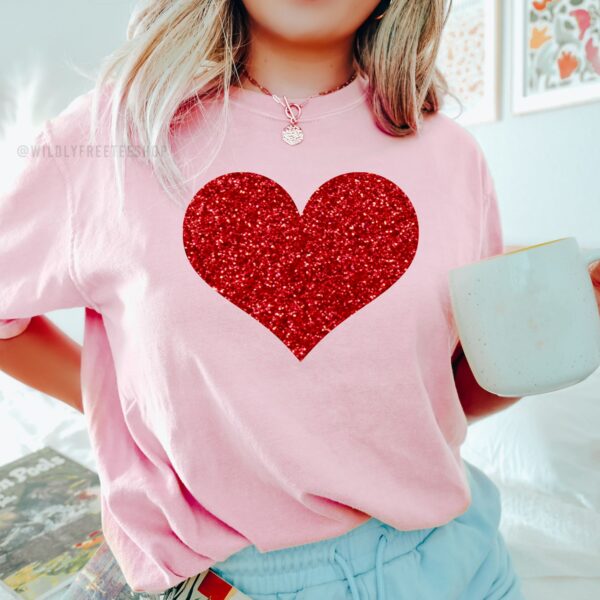 Red Glitter Heart T-Shirt Women, Womens Tshirts, Best Gifts For Wife, Womens Casual Clothes, Valentines Day Shirt, Love Shirt, Sparkle Tee